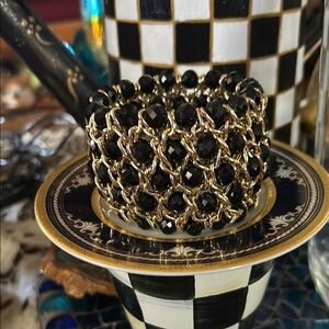 Gold Chain & Black Bead Elastic Statement Bracelet